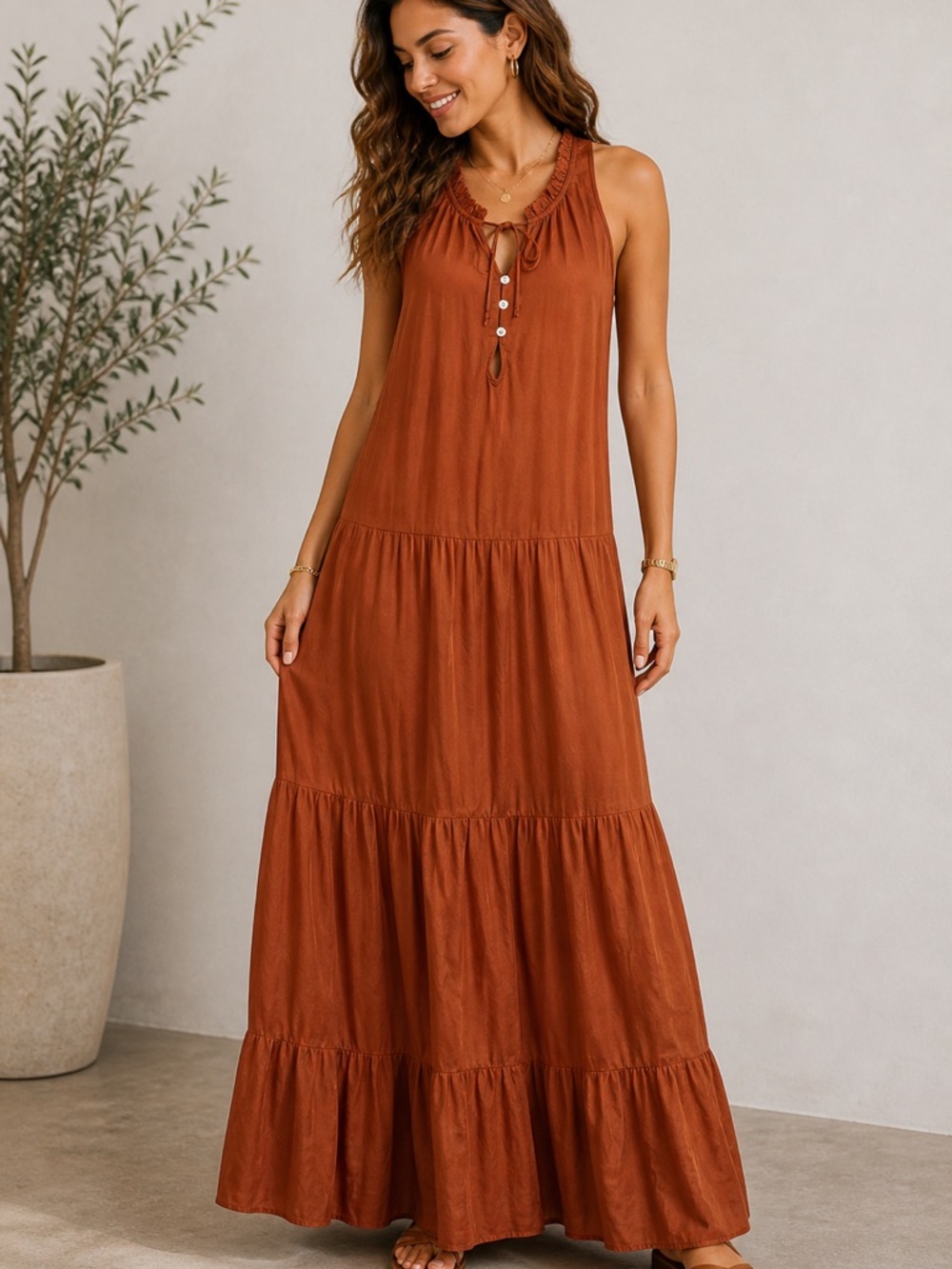 Bila77 Rust Tiered Maxi Dress Boho Sleeveless Keyhole Rayon Size Small